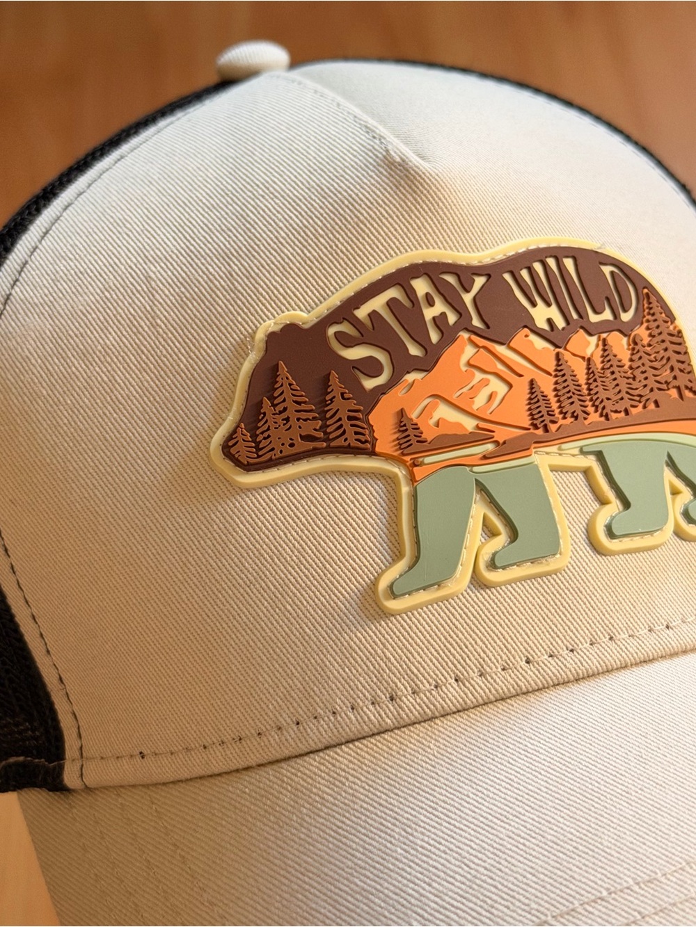 Men’s Beige Trucker Hat with 'Stay Wild' Bear Patch
